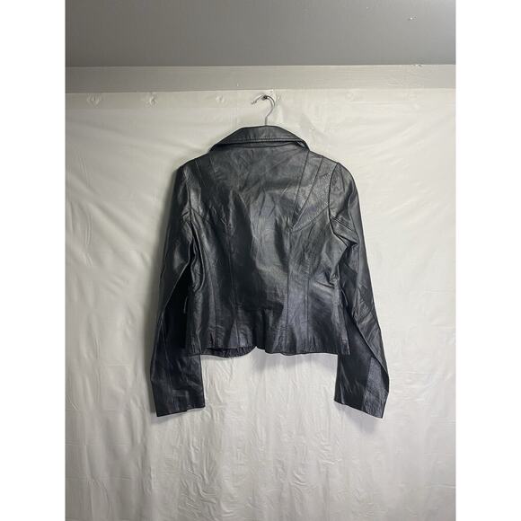 New Vintage Guess Jeans Genuine Leather Cropped Moto Jacket Black Size Large - Picture 2 of 3